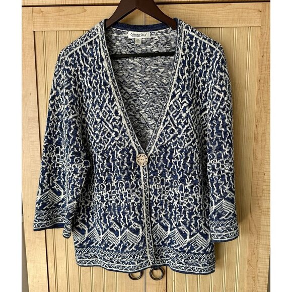 Coldwater Creek Sweaters - Coldwater Creek Blue/ White Geometric Weave One Wooden Button Cardigan Sz Xl